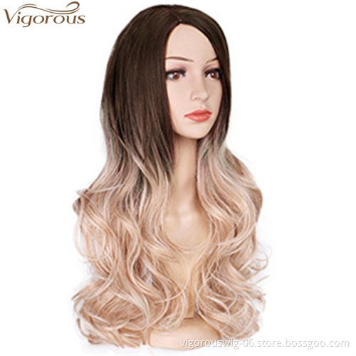 Vigorous Long Ombre Light Auburn To Blonde Synthetic Wigs Middle Part Water Wave Cosplay Wig For Woman Heat Resistant Fibre